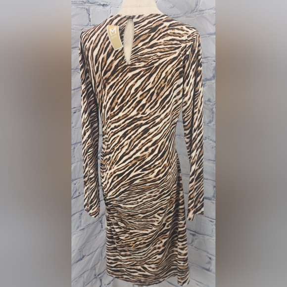 NWT Michael Kors Animal Print Dress Midi Ruched Gold Chain Camel $175 Large - Picture 7 of 13